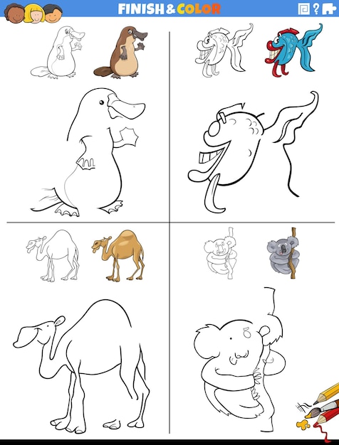 Drawing and coloring worksheet with funny animals