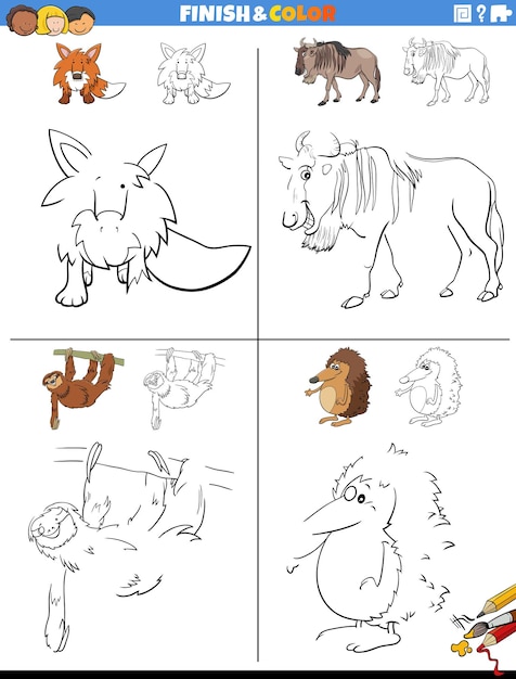 Drawing and coloring worksheets set with animals