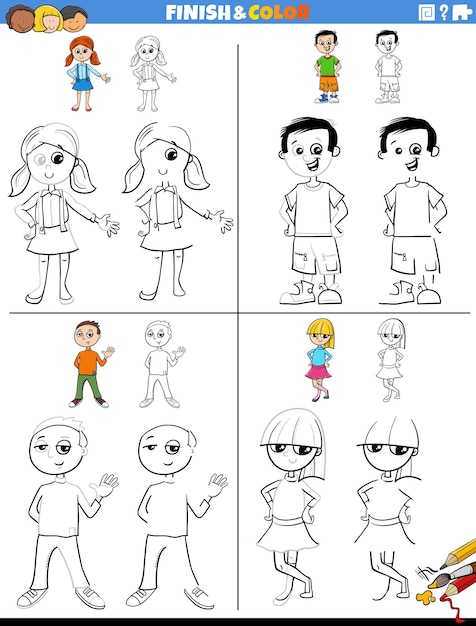 Drawing and coloring worksheets set with children characters