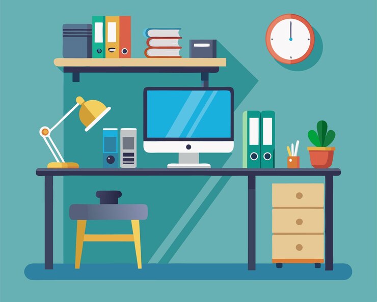 Vector a drawing of a computer desk with a clock on the wall