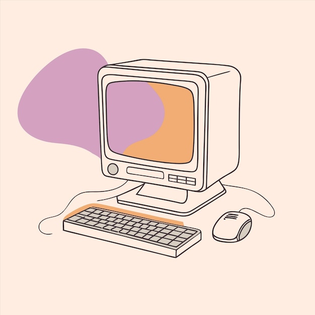 a drawing of a computer with a purple and pink background