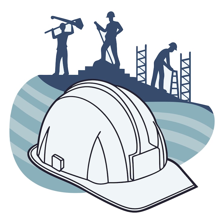 Vector a drawing of a construction site with a group of people working on the top