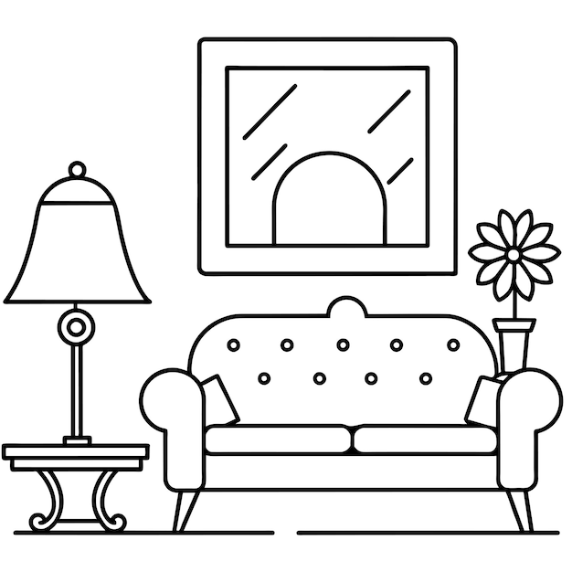 a drawing of a couch with a flower on the side