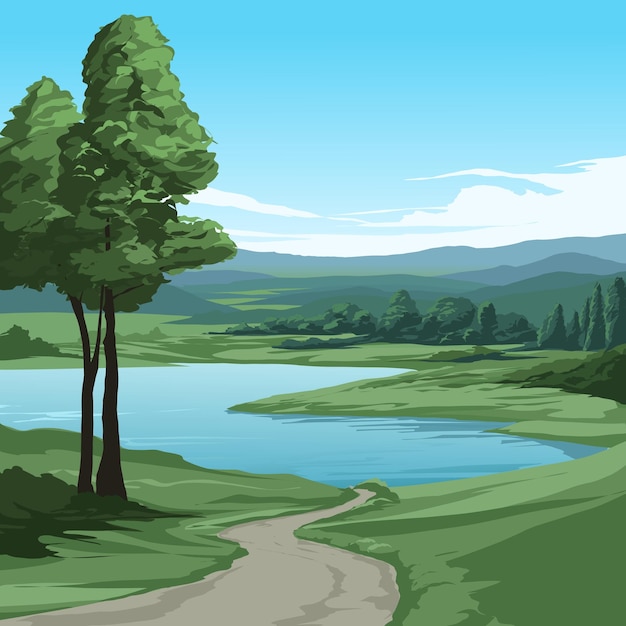 A drawing of a country road with a tree on the left side and a lake in the middle.