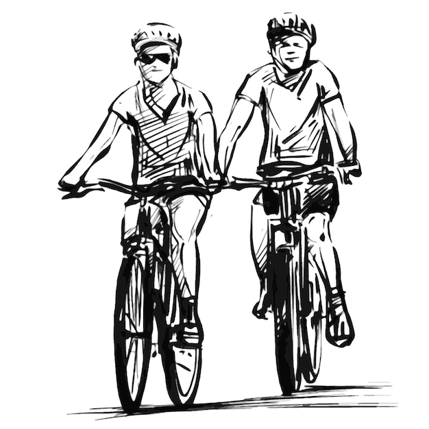 Vector drawing of couple bicycle riding in remote area