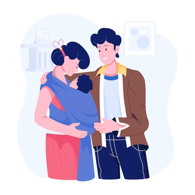 a drawing of a couple with a baby in the foreground