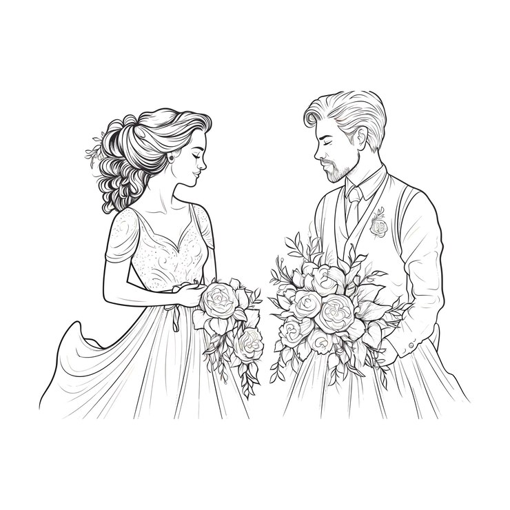 a drawing of a couple with flowers and a man in a suit