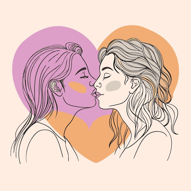 キスと書かれた心を持つカップルの絵