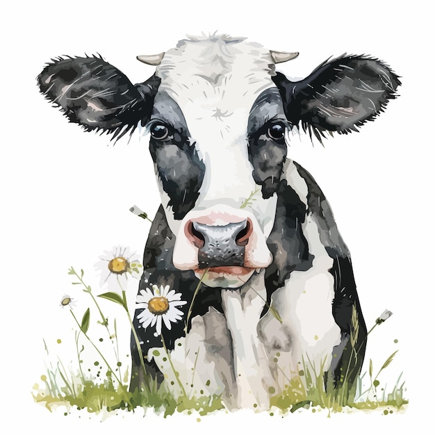 a drawing of a cow in a field of daisies