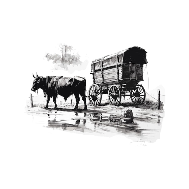 Vector a drawing of a cow and a wagon on a rainy day.