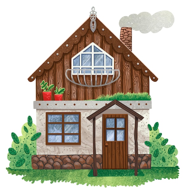 Vector drawing of a cozy private two-storey house in the style of a chalet