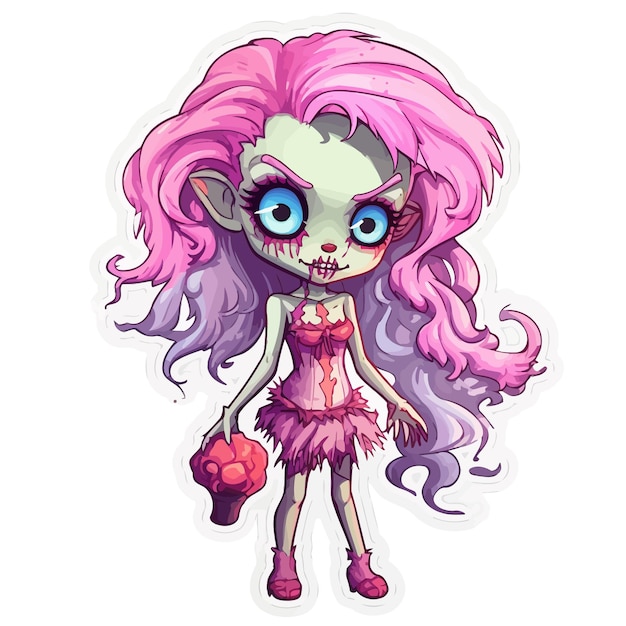 a drawing of a creepy doll with pink hair and a pink dress.