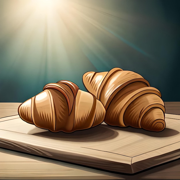 A drawing of croissants on a table with a blue background