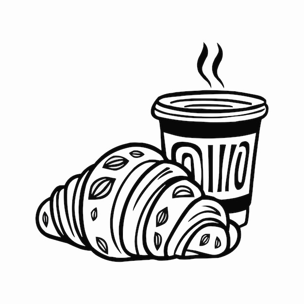 a drawing of a cup of coffee and a croissant