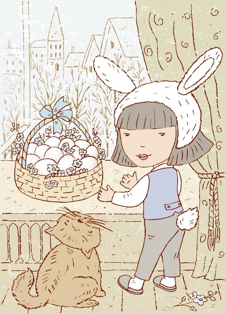 Drawing of cute cartoon little girl celebrating easter