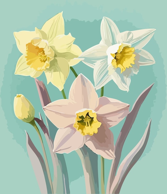 Vector a drawing of daffodils with a white and pink flower on it.