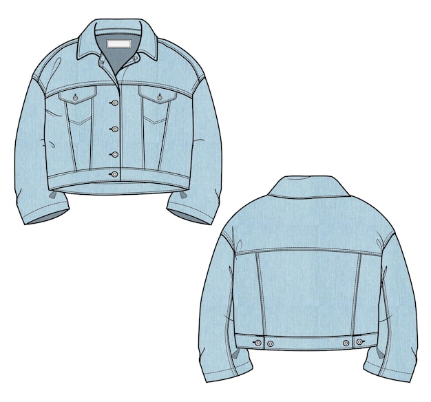 A drawing of a denim jacket with a collar and a shirt that says'the brand is on the front. '