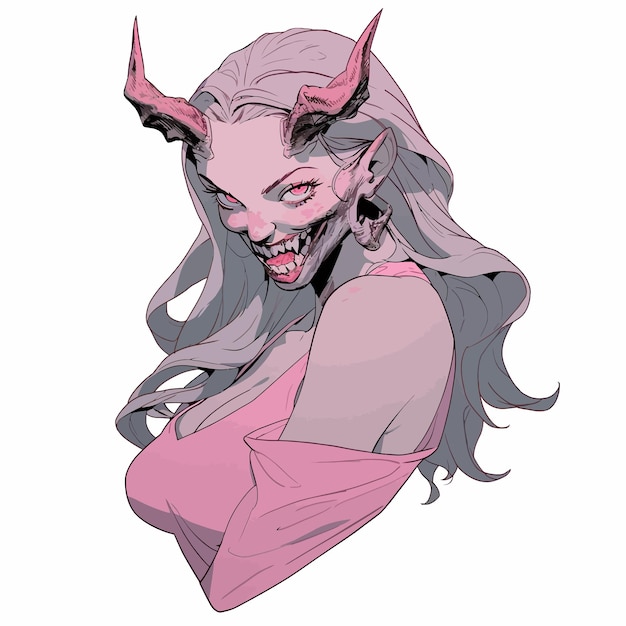 a drawing of a devil with a pink head and horns.