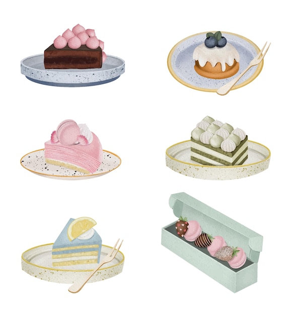 A drawing of different cakes on plates with a blueberry slice on top