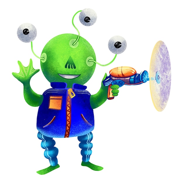 Disegno di un mostro digitale con tre occhi verdi e con un blaster ufo alien character concept illustrazione per bambini spazio per ragazzi