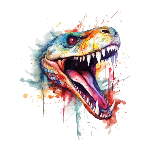 A drawing of a dinosaur with a red eye and a blue eye.