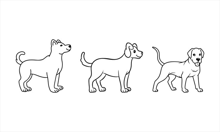 a drawing of a dog and a dog with a line of different images