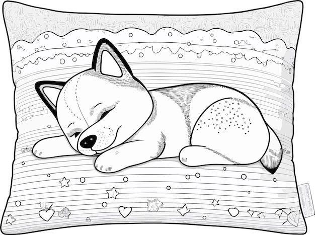 「shiba」の文字が書かれた枕の上で寝ている犬の絵。