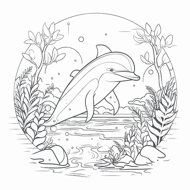 A drawing of dolphins and plants with a white background.