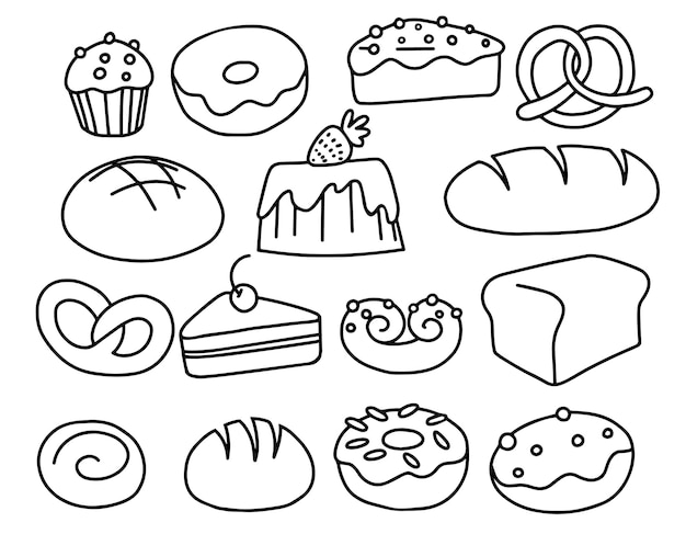 drawing in doodle style set of pastries bread donuts cakes and pretzels