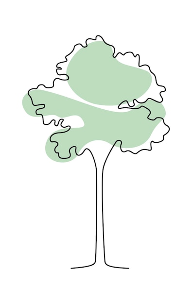 Vettore disegno albero doodle in linea arte su sfondo verde macchia