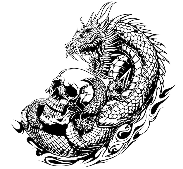 Vector drawing of a dragon wrapped around a human skull