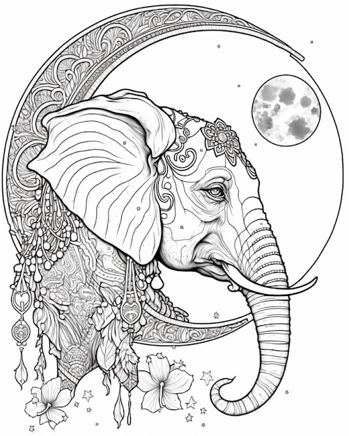 A drawing of an elephant with a moon and the words elephant on it.