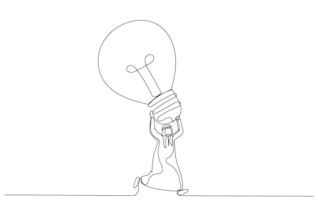 Drawing of excited arab businessman carrying big lightbulb idea running to invent new product Big idea Single continuous line art style
