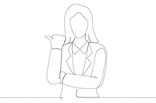 Drawing of Excited businesswoman presenting copy space Single line art style