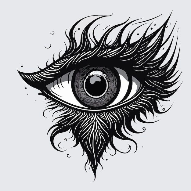 A drawing of an eye with feathers and the word eye on it.