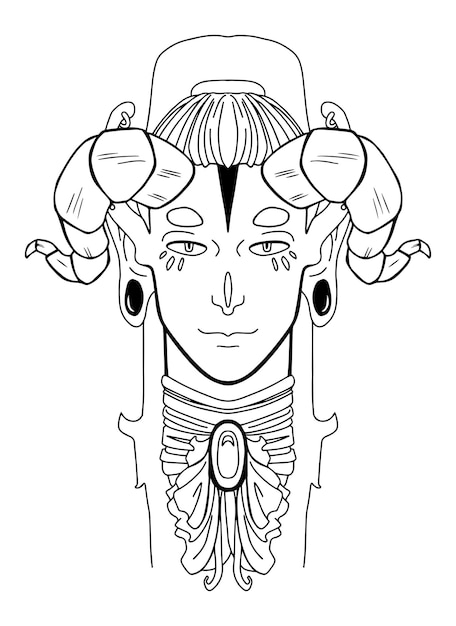 drawing of a face of a fantasy character with horns