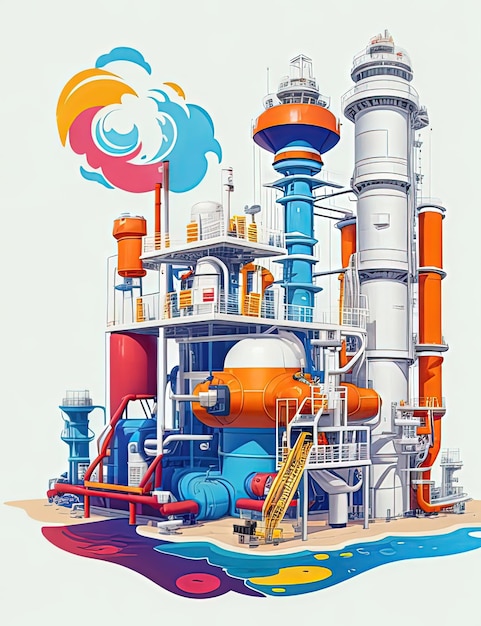 Vector a drawing of a factory with a blue and orange water tank.