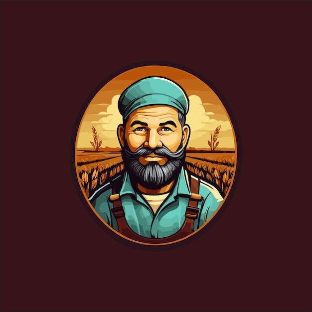 Vector a drawing of a farmer man with a beard and a hat with backdrop farming illustration