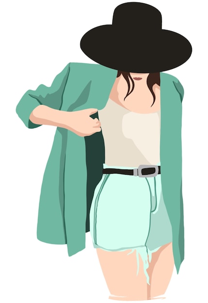 Vector drawing of a fashionable girl in a black hat