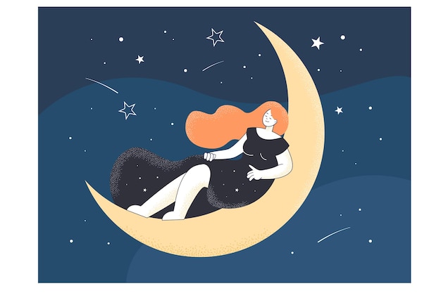 Drawing of female person sleeping on moon at night