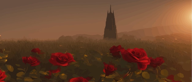 Vector drawing field red rose flowers and blurred background view dark mysterious tower and a bright moon