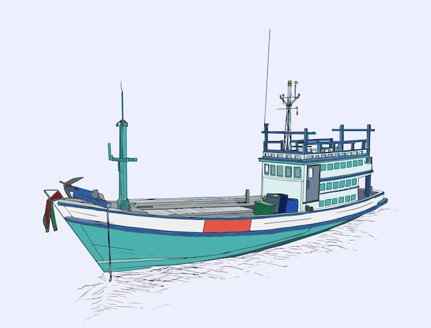 Vector drawing of fishing trawler at the sea