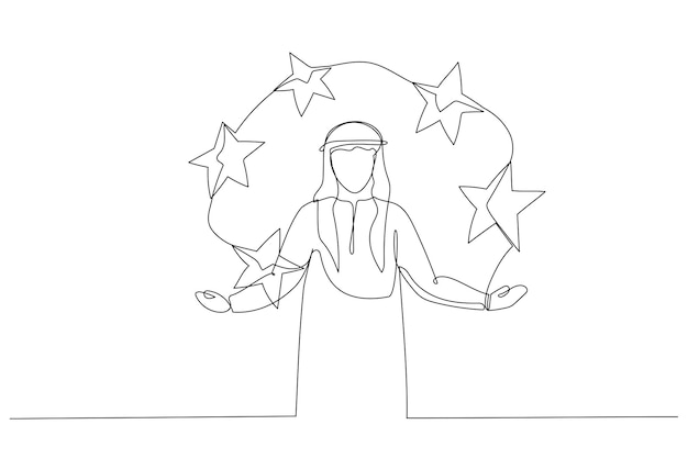 Drawing of five stars performance score by arab businessman Metaphor for feedback and comments