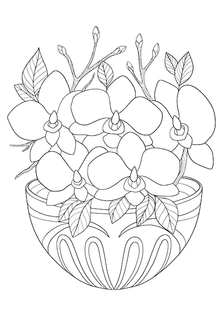 A drawing of a flower pot with flowers in it