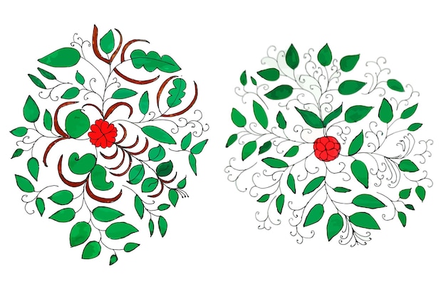 A drawing of flowers with green leaves and red leaves.