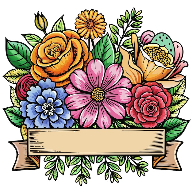 Vector a drawing of flowers with a ribbon that says quot flowers quot