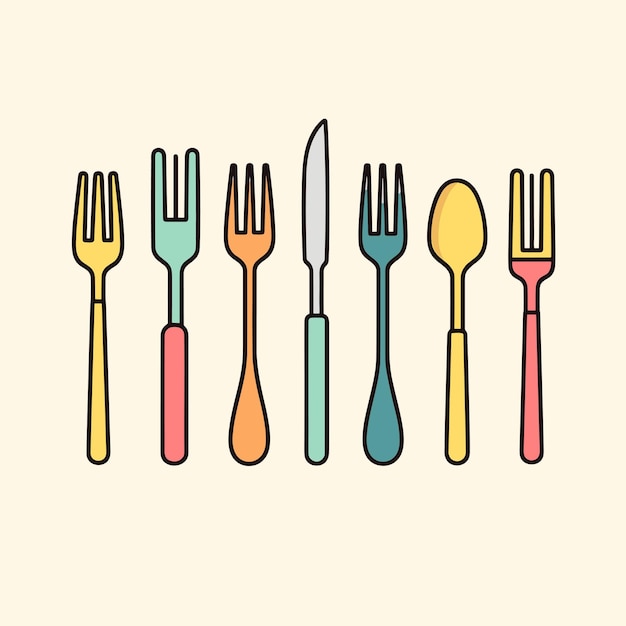 A drawing of forks and knives with a yellow and red colored background.