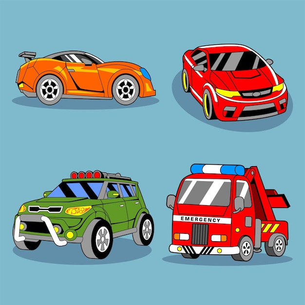 A drawing of four cars including one that says " ford ".