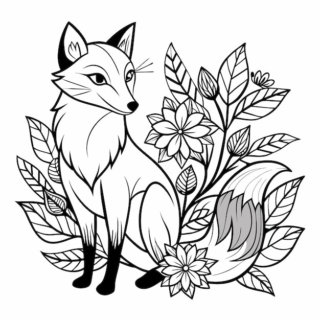 Vettore un disegno di una volpe con fiori e una volpe su di essa