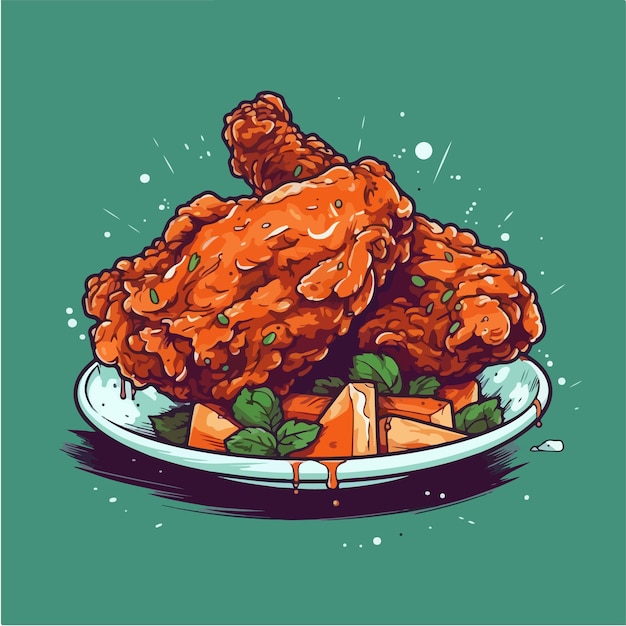 A drawing of fried chicken on a plate with vegetables.